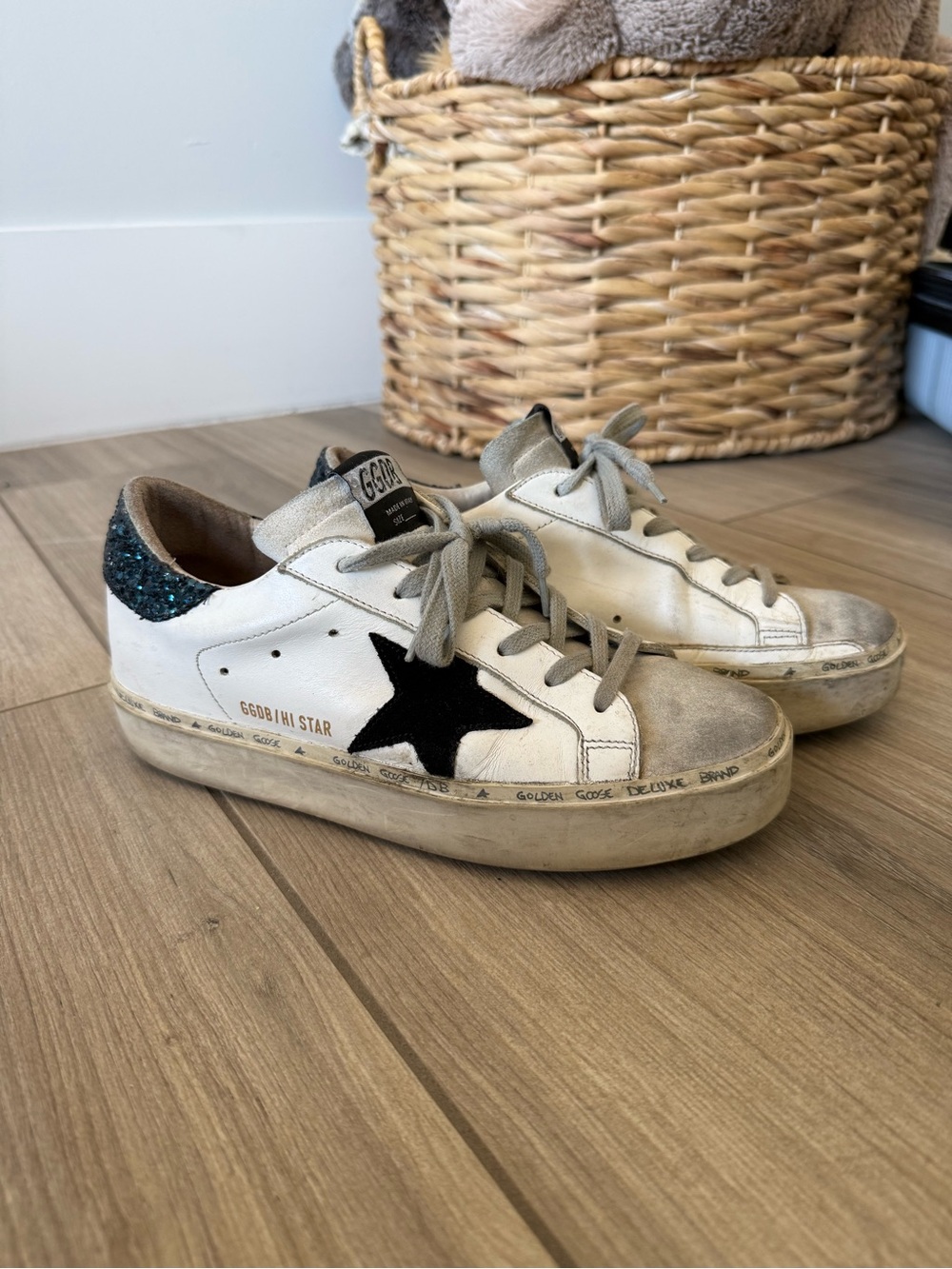 Golden Goose White Sneakers with Black Star and Teal Glitter Heel - Picture 1 of 5